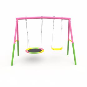 Swing Set For Backyard, 330lbs Swing Set With Heavy-Duty A-Frame Metal Outdoor Swing Stand, 1 Saucer Swing Seat & 1 Belt Swings Seat (Option: pink)